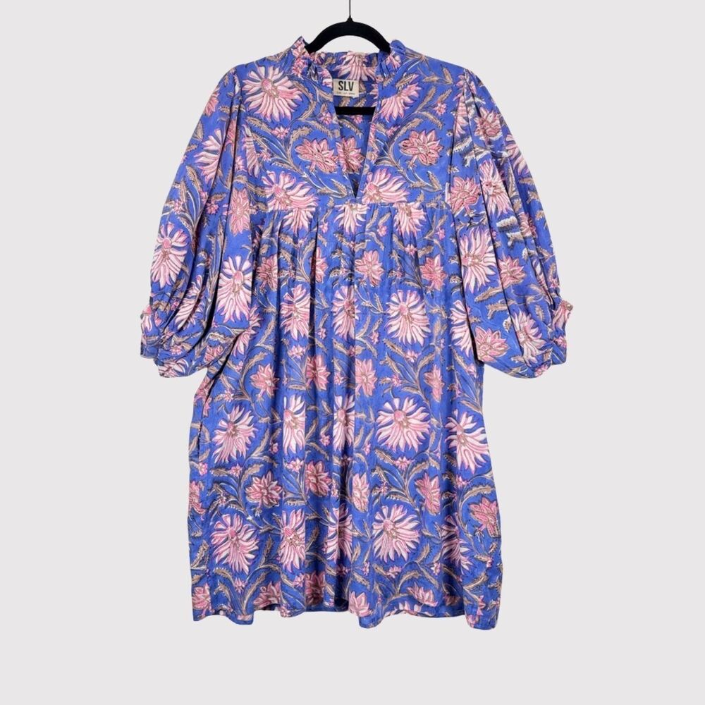 Sur La Vague Mini Dress Purple Blouse Mini Floral V Neck Puff Sleeve Boho M/L - Picture 2 of 11